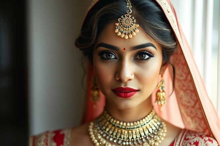 Portrait of a woman in traditional wedding attire with intricate details, soft focus background, natural lighting, DSLR camera, aperture f/1.8, shutter speed 1/100, ISO 200, 50mm lens, taken at eye level for close-up shot.