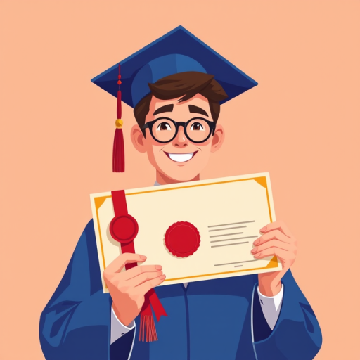 Create an illustration of a man in a graduation cap holding a certificate with a red seal, in a modern flat design style, using a digital art approach, wide-angle lens at f/4.0, 50mm focal length, vibrant color palette, high resolution.