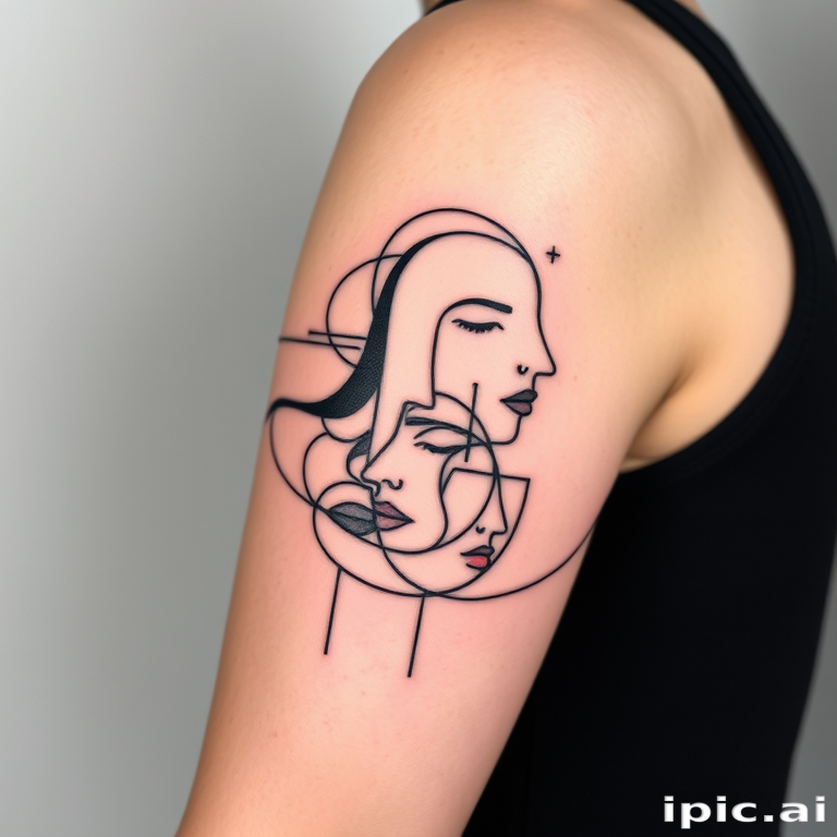 Striking minimalist body tattoo of a single continuous line forming abstract faces and figures, wrapping around the upper arm in bold black ink