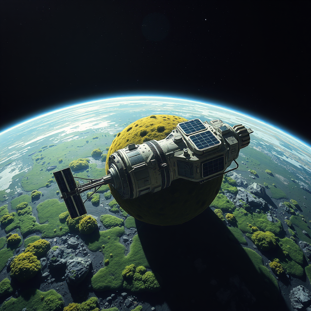 Generate a high-resolution image of a spacecraft with solar panels orbiting a vibrant, moss-covered alien planet, using a wide-angle lens, f/8 aperture, ISO 100, 24mm focal length, and a dramatic lighting effect to enhance depth and detail in space.
