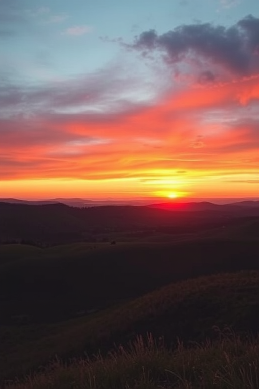 Create a high-resolution image of a serene landscape featuring rolling hills and a vibrant sunset, captured with a Canon EOS R5, 35mm lens, aperture f/8, ISO 100, at golden hour, using a wide-angle perspective.