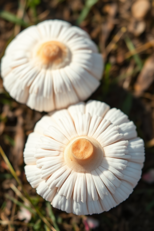 Create a high-resolution illustration of two white mushrooms with a light pink hue, using a 50mm lens at f/2.8, in natural soft lighting, capturing a top-down view with a digital SLR camera for enhanced detail and clarity.