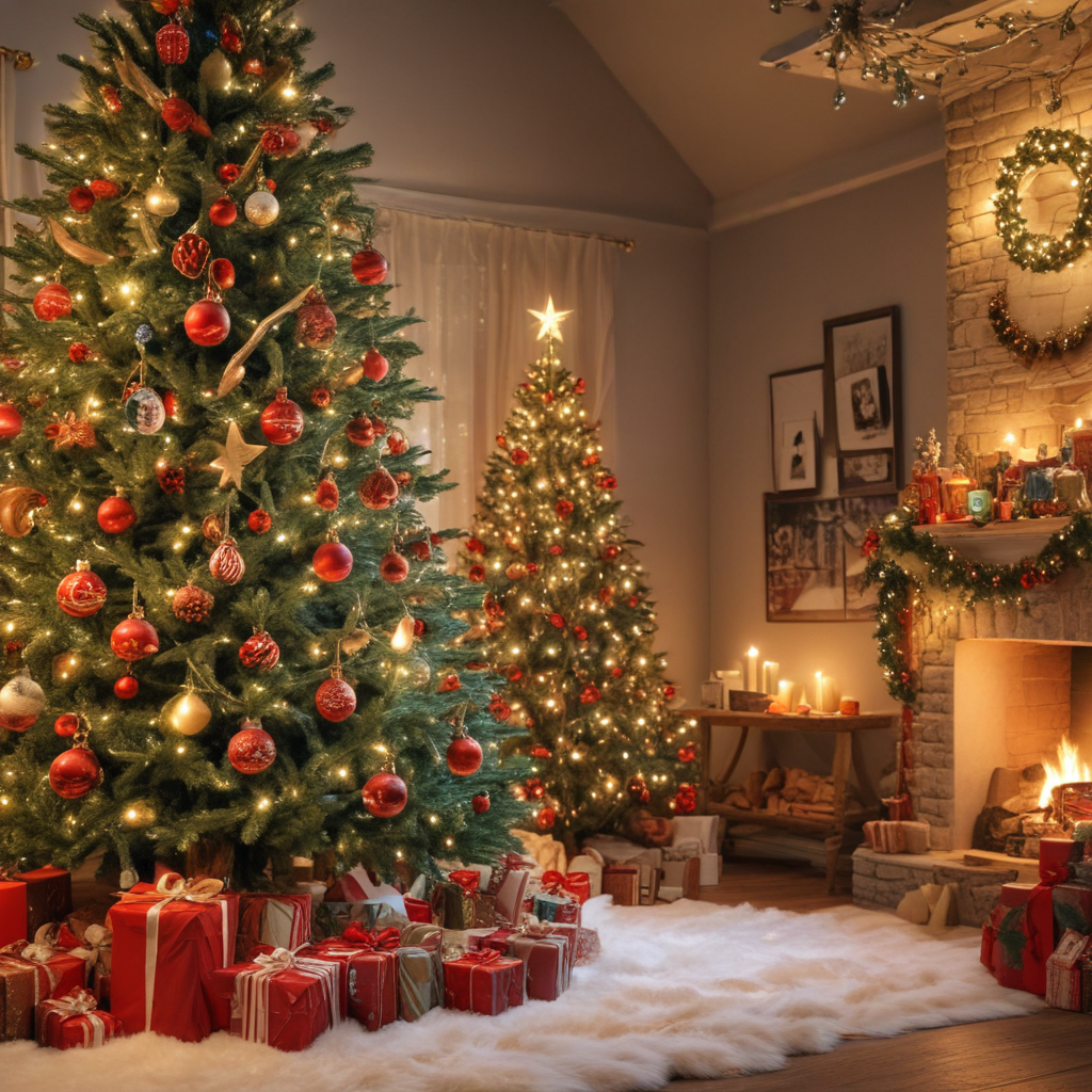 A Cozy Christmas Scene Featuring Beautifully Decorated Trees and Gifts.