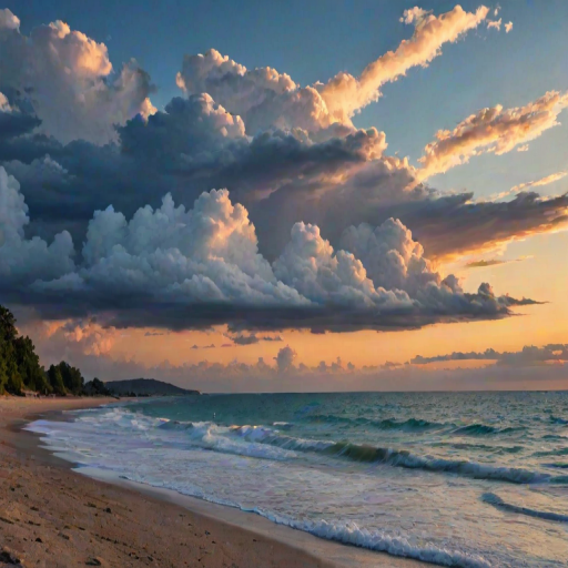 Evening by the sea, multilayer clouds, beautiful scene