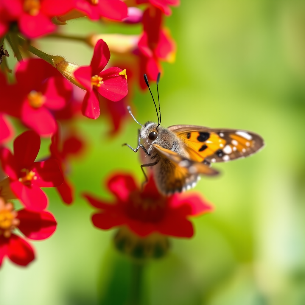 macro shot of a butterfly feeding on vibrant red flowers with a shallow depth of field, 100mm lens, f/2.8 aperture, ISO 200, 1/250 sec, natural light, DSLR camera