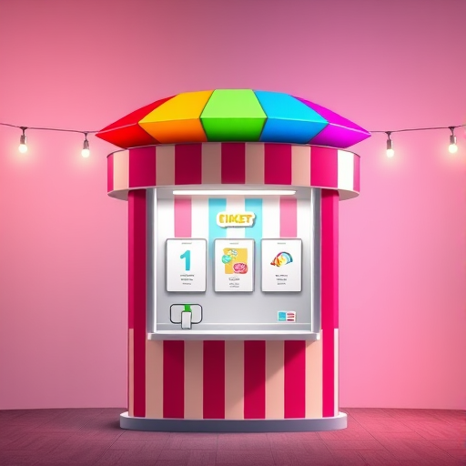 Create a vibrant ticket booth design with a colorful striped canopy, soft lighting, and a playful aesthetic, captured with a DSLR camera at f/2.8, 1/250 sec, ISO 100, in a frontal view with a high-resolution vector graphic style.