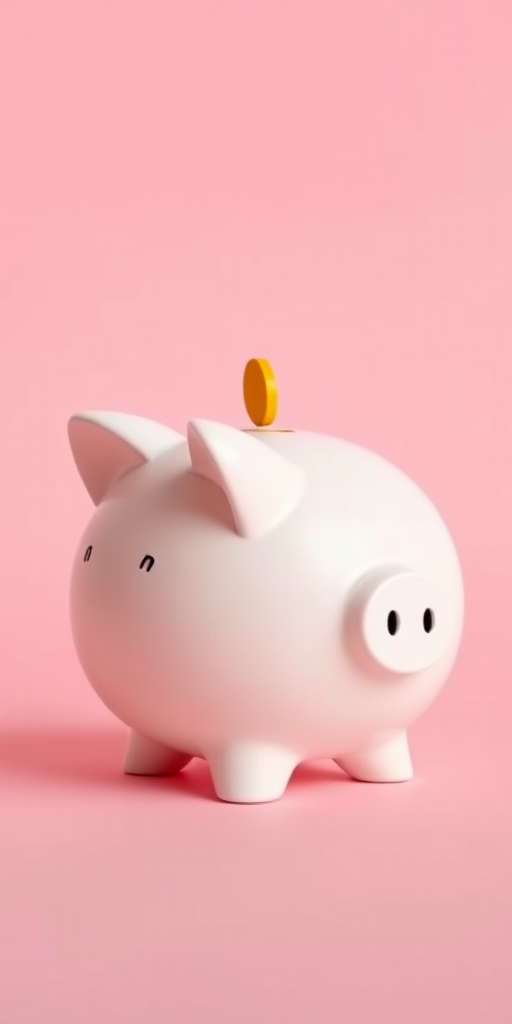 Create a minimalist illustration of a piggy bank with a yellow coin slot against a pink background, shot with a Canon EOS R5, 50mm lens, f/2.8 aperture, ISO 100, soft natural lighting for enhanced colors and contrasts.