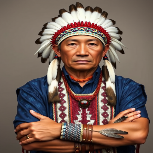 Create a dignified portrait of a Native American man dressed in traditional attire. He wears a beautifully crafted headdress adorned with white feathers and red beads, along with a beaded headband featuring intricate patterns. His clothing includes a deep blue, patterned shirt and a traditional chest piece with detailed beadwork. His arms are crossed, displaying leather armbands decorated with feathers. The background is simple and neutral, emphasizing his proud and stoic expression. The overall image captures the rich cultural heritage and strength of his persona.