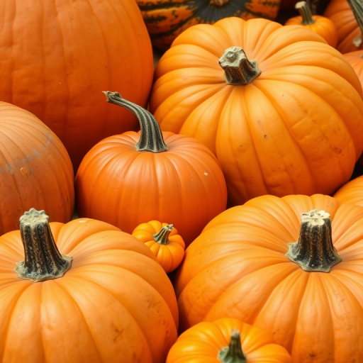 Generate an image of a variety of pumpkins, including large orange pumpkins, smaller orange and green pumpkins, using a Canon EOS R5 camera, 50mm lens, f/2.8 aperture, 1/100s shutter speed, soft natural lighting, and a clear focus to enhance vibrant colors and details.
