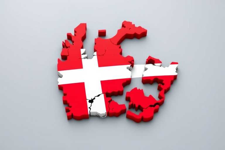 Create a detailed illustration of Denmark's outline filled with the Danish flag colors, using a DSLR camera with a 50mm lens, aperture set to f/8 for sharpness, captured from a high angle view to emphasize shape, with a natural lighting style to enhance vibrancy and contrast.