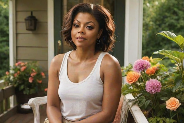 A photo of Taraji P. Henson with a background of a cozy porch. She has dark hair pulled back in an updo, with tendrils framing her face. She wears a white tank top and sits on the porch. The porch is part of a well-lit home with a warm, earthy tone and colorful flowers and foliage. The overall scene has a warm, welcoming, and comfortable ambiance.