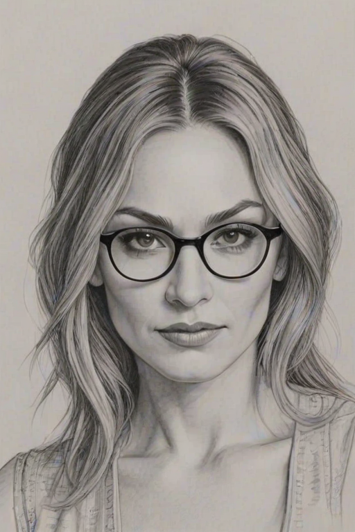 Lovely Drea de Matteo, pencil sketch, portrait of Magnificent woman 1920s in glasses, hair style beatnik, outline, clear lines, fine lines, 8k
