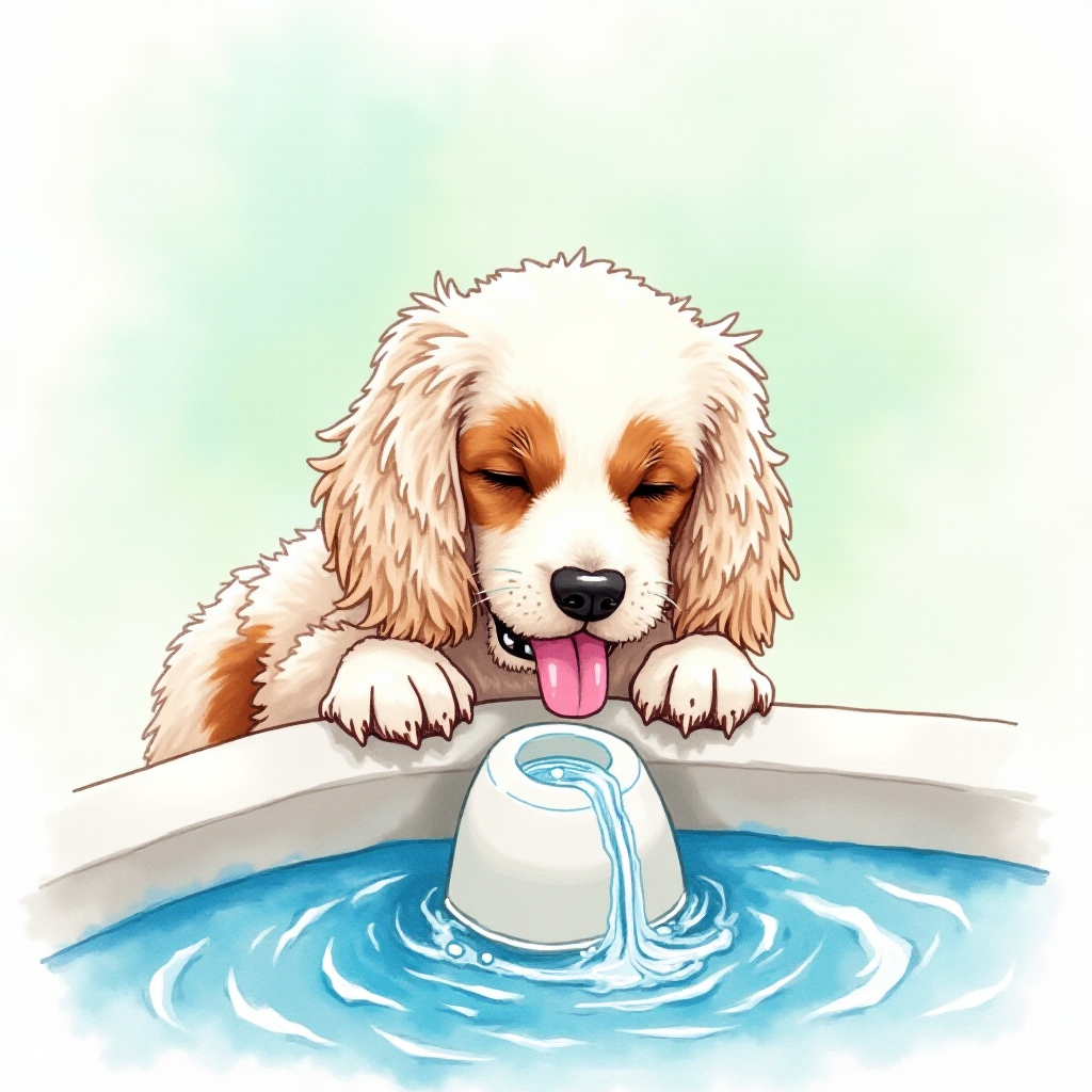 Watercolor ink illustration, A digitally created artwork of a Cocker Spaniel dog leaning on a water fountain, eyes closed, tongue out as if lapping water. The white dog has brown and cream patches, especially on its ears and face. Water splashes around it with detailed droplets. The background features a soft blue-green gradient, suggesting a sunny day. The style is realistic, focusing on the texture of fur and water for a lifelike, vibrant feel.