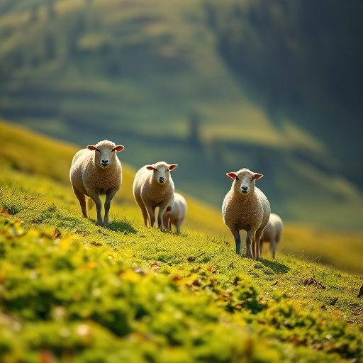 sheep grazing on a lush green hillside, soft focus background, sunlight illuminating the scene, 50mm f/1.8 lens, ISO 200, shutter speed 1/200s, DSLR camera, wide angle view