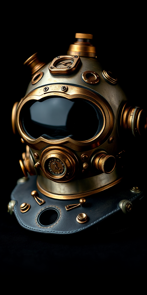 highly detailed steampunk diving helmet on a black background, soft diffuse lighting, DSLR camera, 50mm lens, aperture f/2.8, ISO 100, shot in macro view for enhanced textures and reflections