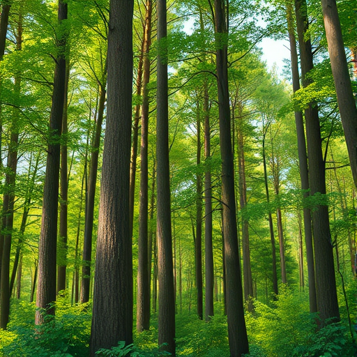 Create a vibrant illustration of a dense forest with tall trees displaying rich green foliage, captured in high resolution with a DSLR camera at f/8 aperture, 50mm lens, natural lighting, and a focus on depth of field to enhance the texture of the bark and leaves.