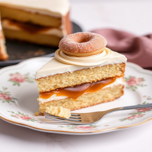 Create an image of a slice of layered cake with a caramel filling between the layers topped with swirls of frosting and a small donut on top along with a dusting of sugar on the donut placed on a decorative plate with a fork beside it against a light background.