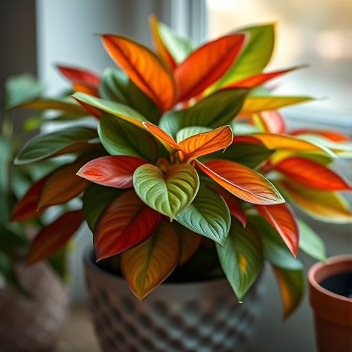 A lush, vibrant houseplant with green, red, and orange leaves in a decorative pot, captured in high resolution using a Canon EOS R5, 50mm lens, f/2.8 aperture, ISO 100, soft natural lighting, and a shallow depth of field for enhanced color contrast and detail.