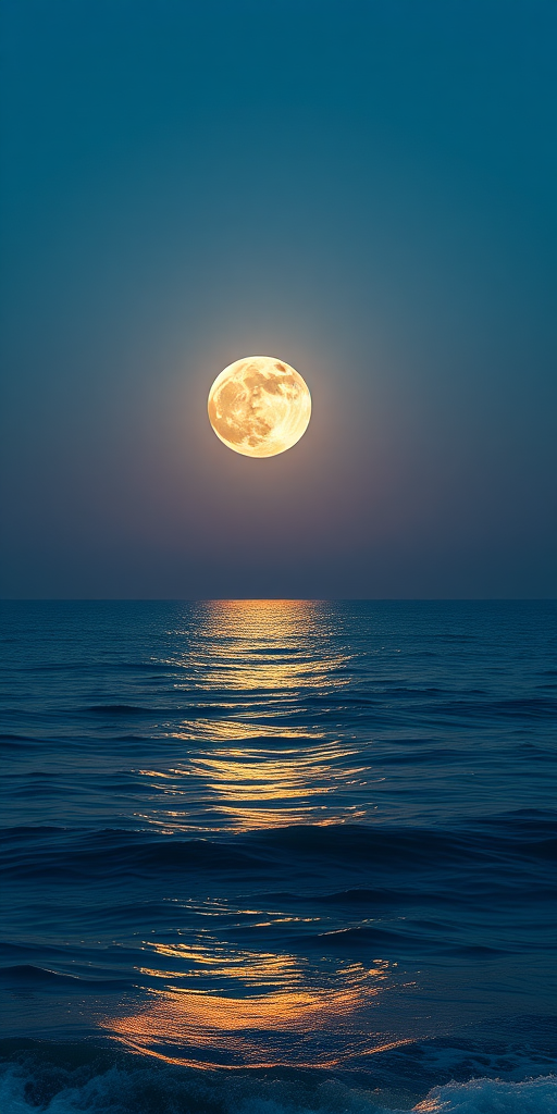 high-resolution image of a serene moonlit ocean scene with a large, soft-edged moon reflecting on calm waters, captured with a DSLR camera at f/8, ISO 100, 1/60s shutter speed, wide-angle lens at 24mm, twilight setting with smooth gradients in the sky and gentle waves.