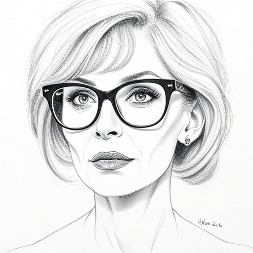 Beautiful Helen Mirren, pencil sketch, portrait of beautiful woman 60s in glasses, hair style beatnik, outline, clear lines, fine lines, 8k