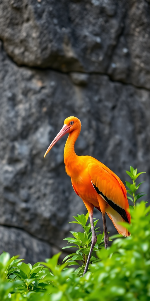 A vibrant orange ibis standing near lush greenery against a gray rocky background, shot with a Canon EOS R5, 85mm lens, f/5.6 aperture, ISO 200, 1/250 sec shutter speed, natural lighting for enhanced detail and colors.