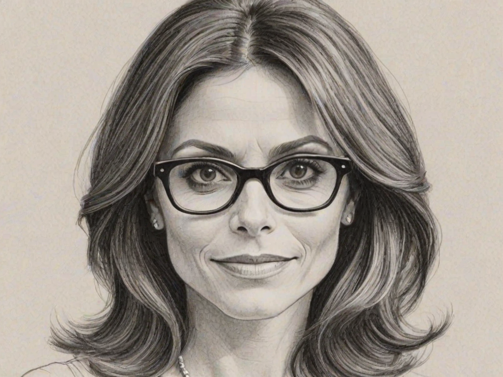 Attractive Bethenny Frankel, pencil sketch, portrait of Splendid woman 1959s in glasses, hair style beatnik, outline, clear lines, fine lines, 8k