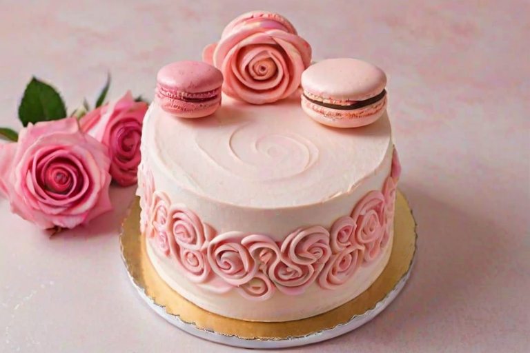 Create an image of a beautifully decorated cake with a smooth white and pink gradient frosting. The cake is topped with a variety of pink macarons, delicate pink roses, and swirls of frosting. Add some decorative gold accents and small pink candies for an elegant touch. The background should be simple and neutral to highlight the cake.