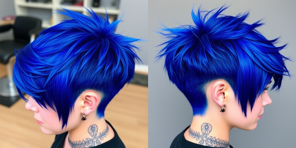 Striking cobalt blue pixie cut named "Sapphire Siren" with textured spiky crown, faded sides and nape, electric blue highlights accenting top layers, edgy asymmetrical fringe, high-contrast look with shaved designs
