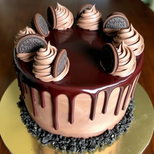 Chocolate Oreo cake with a smooth chocolate ganache drip on the sides topped with swirls of chocolate frosting and whole Oreo cookies arranged around the top edge, with crushed Oreo crumbs on the base.