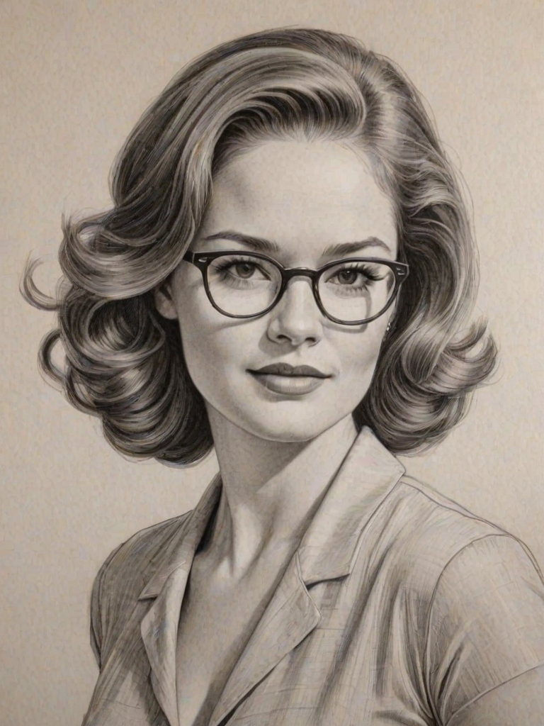 Ravishing Sarah Drew, pencil sketch, portrait of Fascinating woman 1958s in glasses, hair style beatnik, outline, clear lines, fine lines, 8k