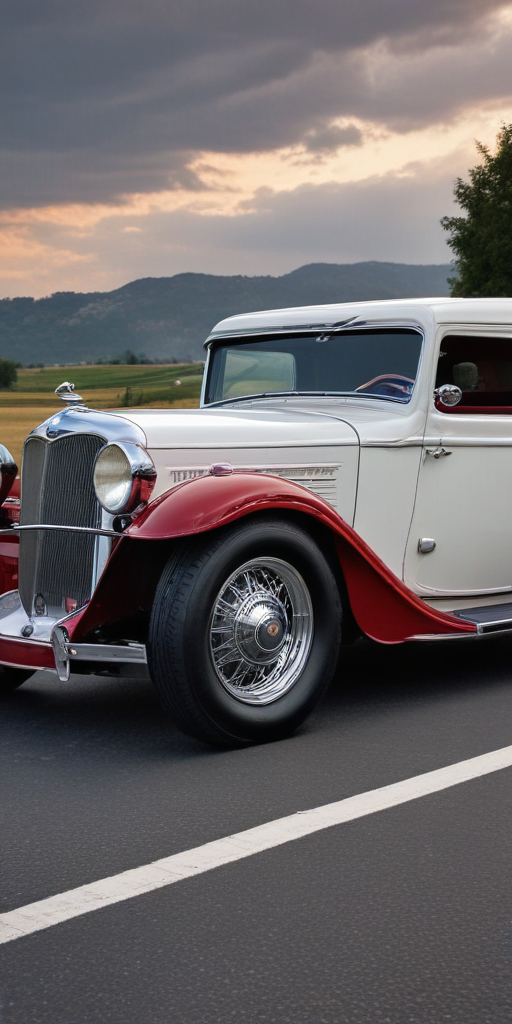 A Classic Vintage Car Driving Along a Scenic Road at Sunset.