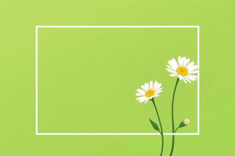 create an illustration of a minimalist green background with a rectangular frame featuring three stylized white daisies arranged artistically, using a digital art style with high resolution, and simulated camera settings of f/4 aperture, ISO 100, and 50mm lens to enhance image quality