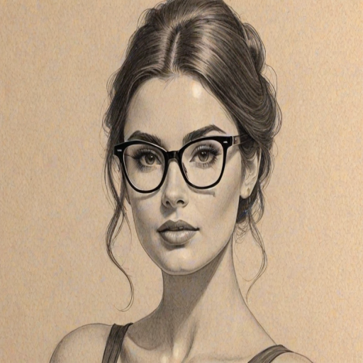 Magnificent Mikaela Hoover, pencil sketch, portrait of Charming woman 1953s in glasses, hair style beatnik, outline, clear lines, fine lines, 8k