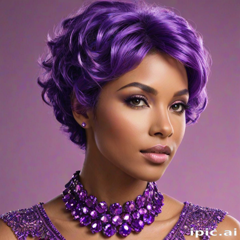 Elegant Woman with Vibrant Purple Hair and Stunning Jewelry Displaying ...