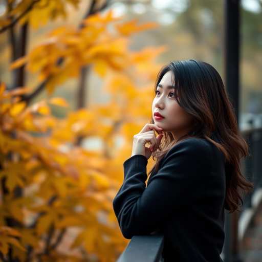 Capture a serene autumn scene of a young woman thoughtfully posing beside a railing, surrounded by vibrant fall foliage, using a Canon EOS R5 camera with a 50mm f/1.2 lens, aperture set to f/1.8, ISO 200, and a soft, diffused natural light for a dreamy bokeh effect.