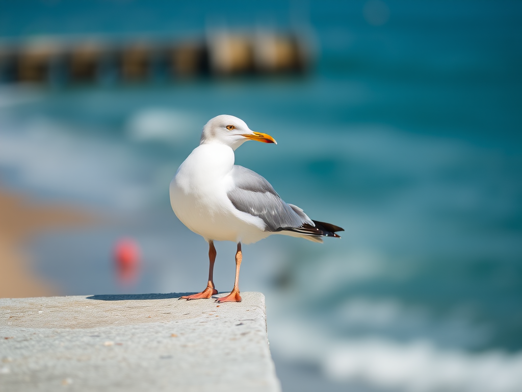 seagull standing on a concrete edge overlooking the beach with a blurred background, aperture f/4, ISO 100, shutter speed 1/200s, taken with a DSLR camera, natural lighting, focus on the seagull with a shallow depth of field