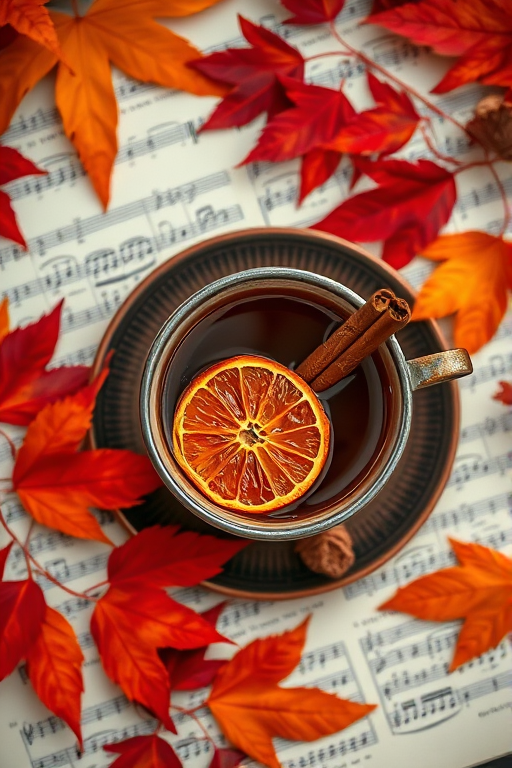 Photograph a warm cup of spiced tea with a dried orange slice and cinnamon stick on a rustic brown saucer, surrounded by autumn leaves in shades of red and orange, positioned over vintage sheet music, using a DSLR camera at f/2.8 aperture, 1/60 shutter speed, ISO 400, top-down view, natural lighting soft focus for a cozy atmosphere.