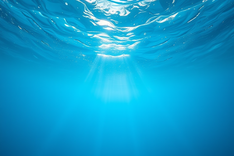 Underwater scene with rays of light penetrating the surface, captured with a DSLR camera, 24mm lens, f/5.6 aperture, ISO 200, and 1/60 sec shutter speed, using a wide-angle view to enhance depth and clarity in the blue hues.