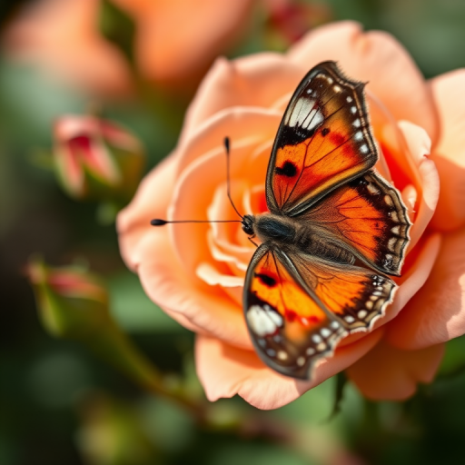 Close-up shot of a vibrant butterfly perched on a blooming peach rose, with a soft focus background, using a DSLR camera with a 60mm macro lens, aperture f/2.8 for depth of field, ISO 100, and a shutter speed of 1/200s, captured in natural light to enhance colors and details.