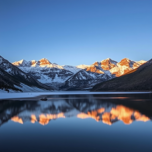 capture a beautiful landscape of snow-capped mountains with a reflective lake in the foreground during clear blue skies, using a DSLR camera with a wide-angle lens, aperture set to f/8, ISO 100, shutter speed of 1/200s, at sunrise for warm lighting and enhanced colors.