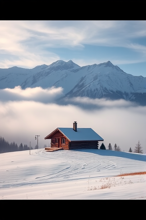Create a serene winter landscape featuring a solitary cabin on a snow-covered slope with majestic mountains in the background and low-hanging mist, captured with a Canon EOS R5 using a 24-70mm f/2.8 lens at f/8, ISO 100, shutter speed 1/125s, wide-angle view for enhanced depth and clarity.