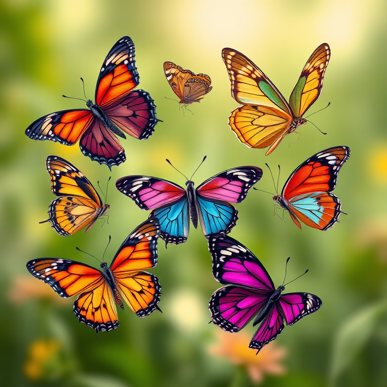 Create a vibrant and detailed illustration of six different butterflies in various poses, capturing intricate wing patterns and colors, with a blurred natural background to enhance focus on the butterflies, using a DSLR camera, aperture f/2.8, shutter speed 1/200 sec, ISO 100, macro lens for sharp detail and vibrant colors.