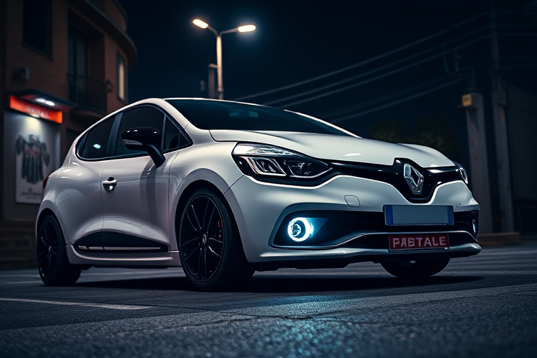 Generate a high-resolution image of a modified white Renault Clio in a dimly lit urban environment with dramatic lighting, using a DSLR camera settings of f/2.8 aperture, ISO 200, and shutter speed of 1/100s, shot from a low-angle perspective with a wide-angle lens to capture the full detail of the car and its surroundings.