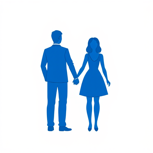Create a simplified icon of a couple holding hands, using bold blue shapes on a white background, viewed from the front, with a minimalistic design style, capturing the essence of unity and togetherness, using a digital illustration technique, high resolution 300 DPI.