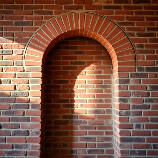 Capture a detailed image of a textured brick wall with a prominent arch, using a DSLR camera at f/8 aperture, ISO 100, 1/125 sec shutter speed, 35mm lens, shallow depth of field, natural lighting, and a slightly low angle to enhance perspective.