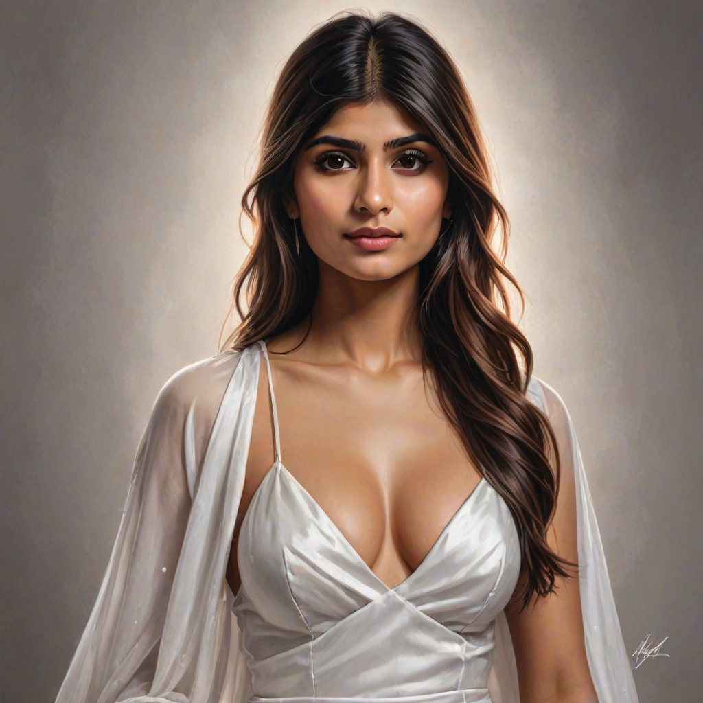 mia khalifa, digital painting,  digital illustration,  stunning girl, make up , white silk dress extreme detail,  digital art,  4k,  ultra hd