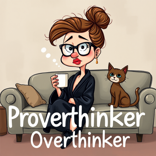 The words ‘Professional Overthinker’ (exact spelling) An exaggerated whimsical illustration of a cute silly lady with unruly messy brown bun and black glasses pouty lips and a thinking expression. Shes sitting on the couch, legs folded wearing a black silk robe, black fuzzy slippers. She’s holding her coffee cup and making a deep-in-thought face.  A quirky scruffy cat (dog) looking at her against a mottled, oil painting style soft background living room setting.