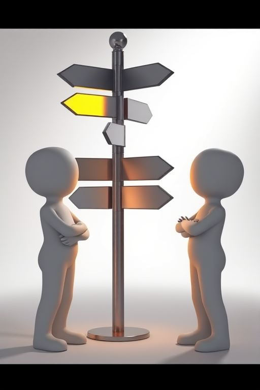 Create a 3D scene with two stylized humanoid figures discussing at a signpost with multiple arrows, one arrow highlighted in gold, using a Canon EOS 5D Mark IV, 50mm lens, f/2.8 aperture, ISO 100, softbox lighting to enhance image quality.