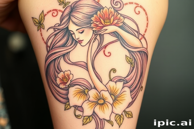 Elegant Art Nouveau tattoo named "Mucha's Muse" inspired by the flowing lines and natural motifs of the iconic art movement. Graceful female figures with long, flowing hair intertwine with delicate flowers and swirling patterns. A soft, muted color palette of pastels and gold accents enhances the romantic, dreamlike quality of the design.