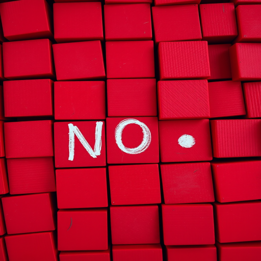 A densely packed collection of red squares featuring the word "NO" written in bold white chalk-like letters, captured with a Canon EOS R5, 50mm f/1.2 lens, f/4 aperture, ISO 100, top-down view, macro photography style for enhanced detail and sharpness.
